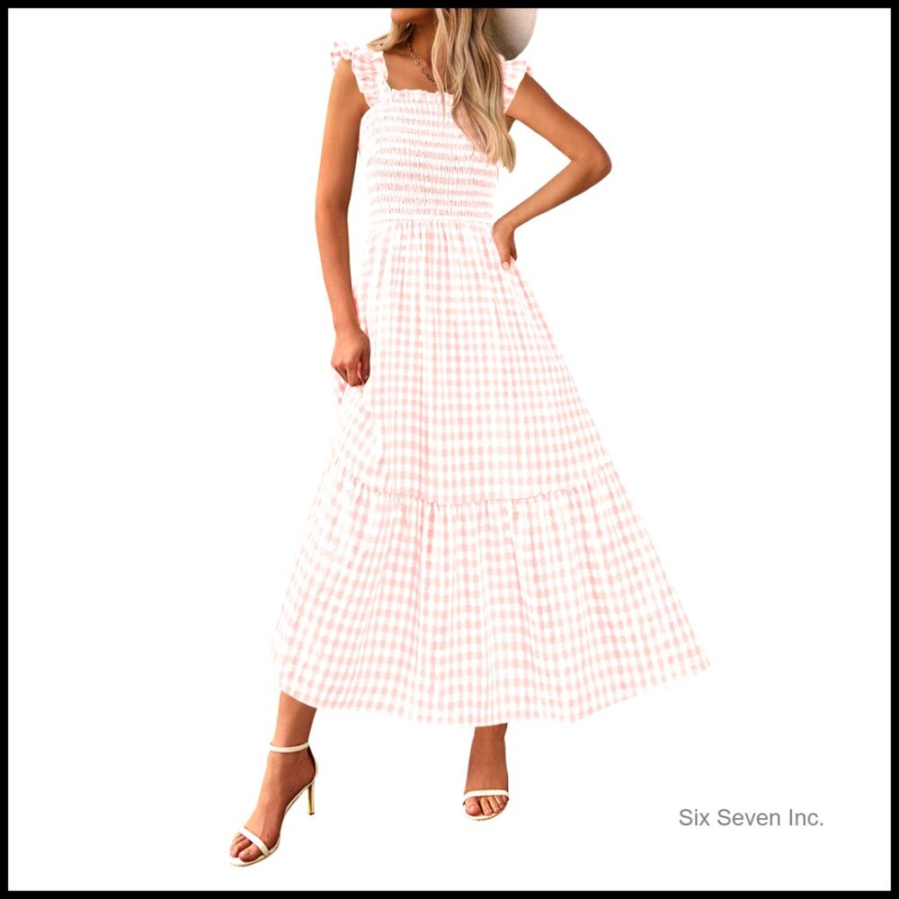 Square Neck Ruffle Strap Smocked Midi Dress A-Line Flowy Chic Summer